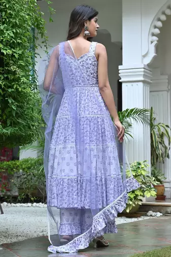 Ocean white with lavender floral tired anarkali