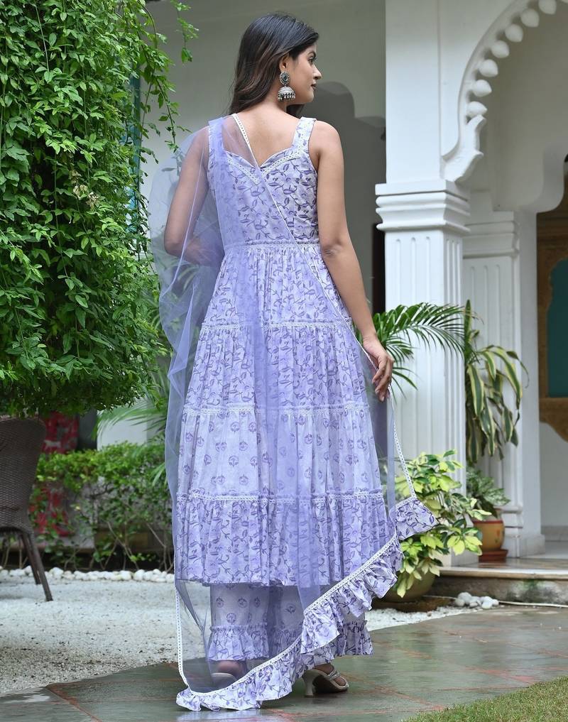 Ocean white with lavender floral tired anarkali