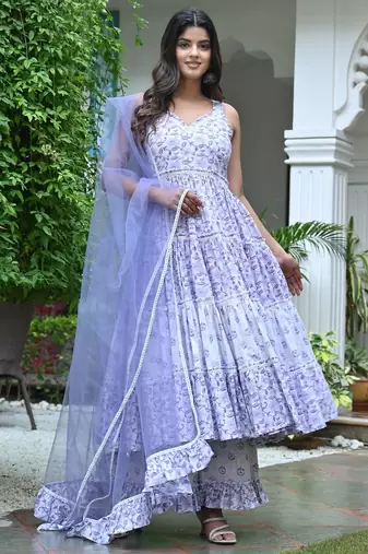 Ocean white with lavender floral tired anarkali