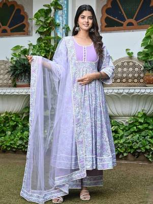Sweet lilac floral kalidar with lace work anarkali 1