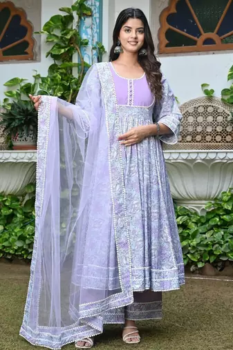 Sweet lilac floral kalidar with lace work anarkali