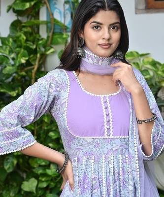 Sweet lilac floral kalidar with lace work anarkali 2