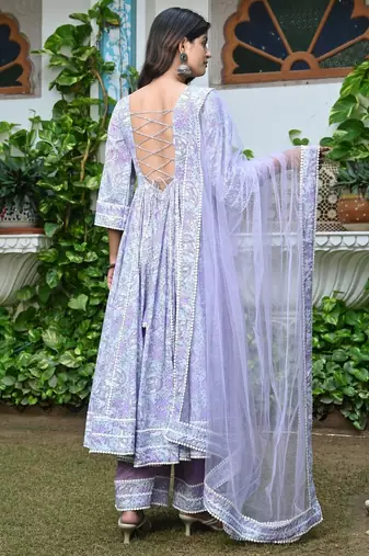 Sweet lilac floral kalidar with lace work anarkali