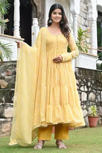 Smooth yellow leherya tired anarkali
