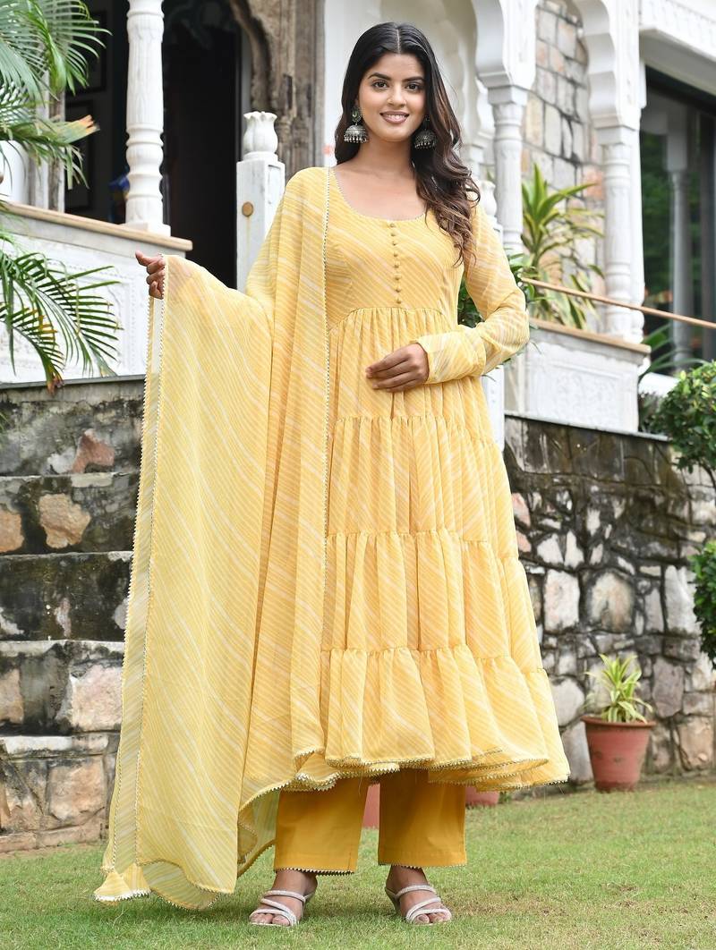 Smooth yellow leherya tired anarkali