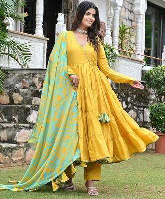 Golden sunflower with english blue floral tired anarkali 1