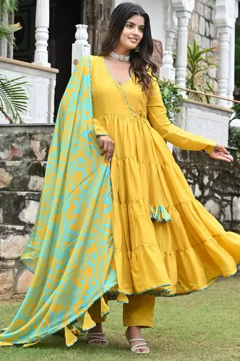 Golden sunflower with english blue floral tired anarkali