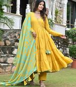 Golden sunflower with english blue floral tired anarkali