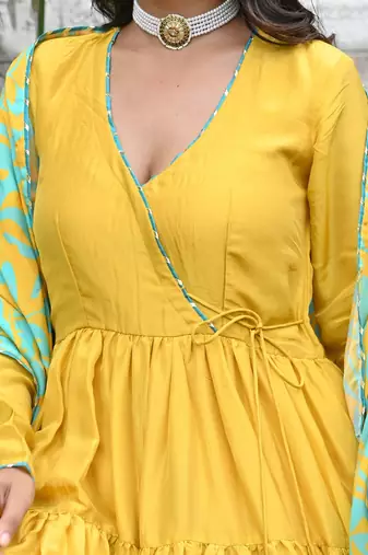 Golden sunflower with english blue floral tired anarkali