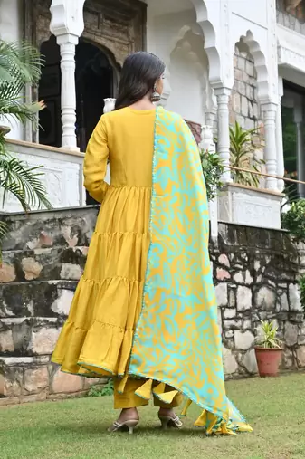 Golden sunflower with english blue floral tired anarkali
