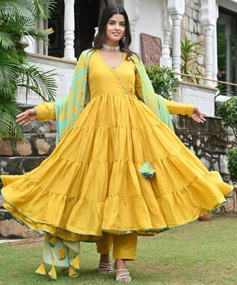 Golden sunflower with english blue floral tired anarkali 4