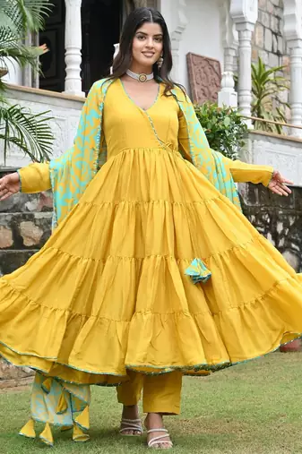 Golden sunflower with english blue floral tired anarkali