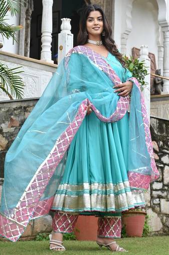 Pinkist peach with english blue  anarkali