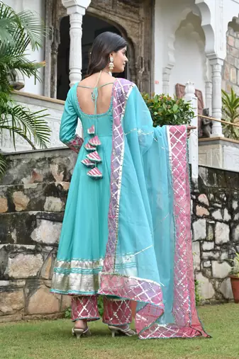 Pinkist peach with english blue  anarkali