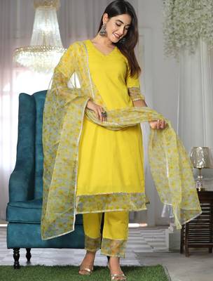 Yellow cotton organza suit set 1
