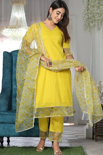 Yellow cotton organza suit set