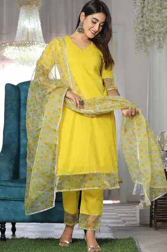 Yellow cotton organza suit set