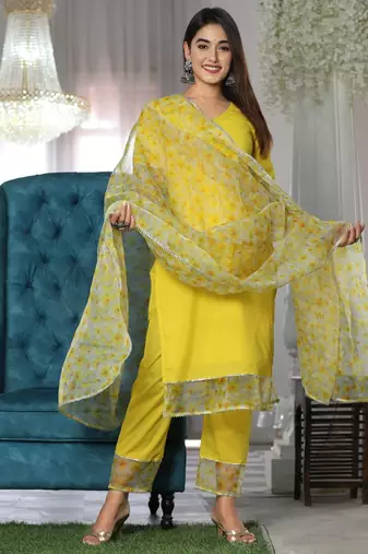 Yellow cotton organza suit set