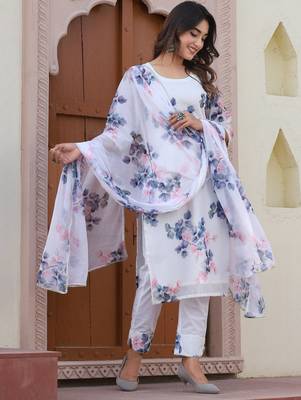 White chanderi floral cotton suit set 1