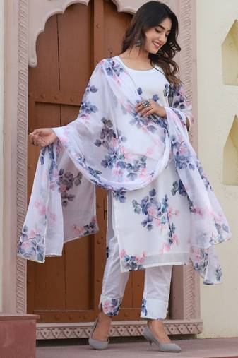 White chanderi floral cotton suit set