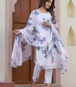 White chanderi floral cotton suit set