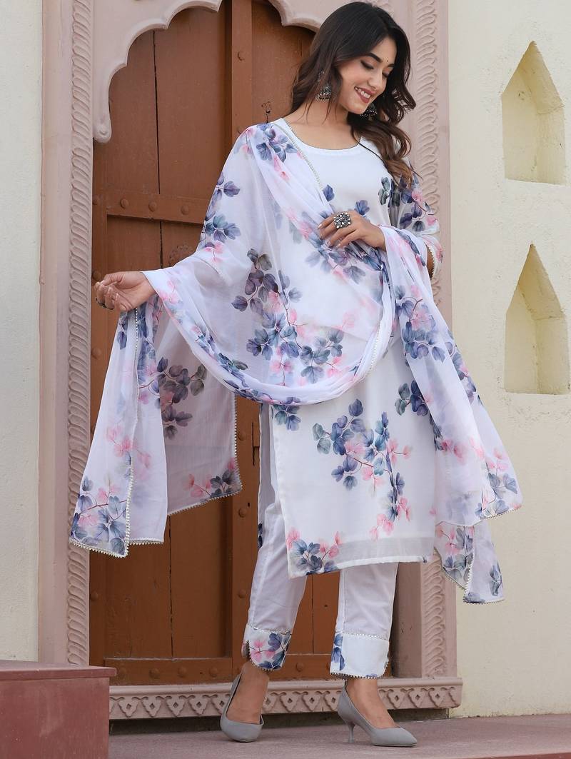 White chanderi floral cotton suit set