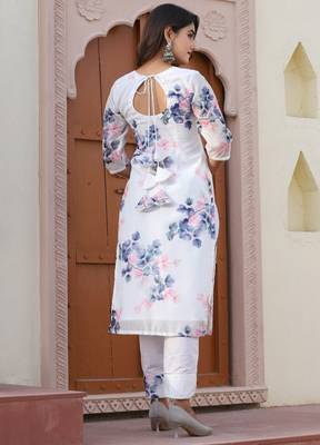 White chanderi floral cotton suit set 3