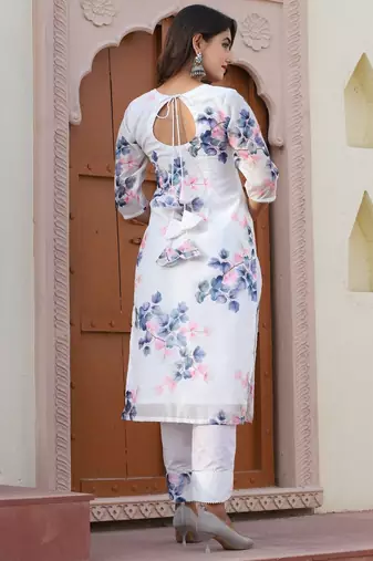 White chanderi floral cotton suit set