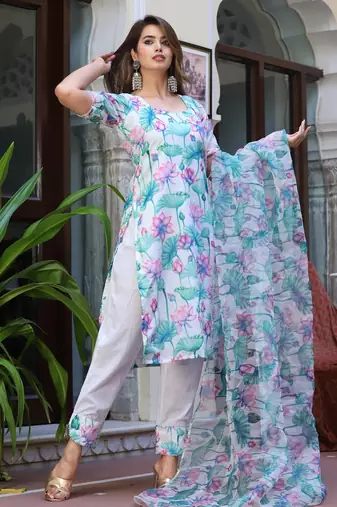 Pink lotus chanderi white suit set