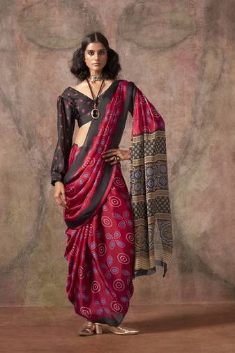 Maroon  ajrakh print satin georgette sarees