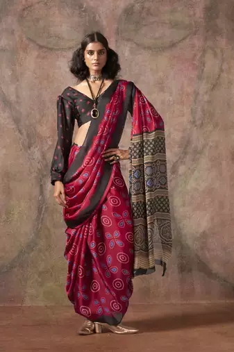 Maroon  ajrakh print satin georgette sarees