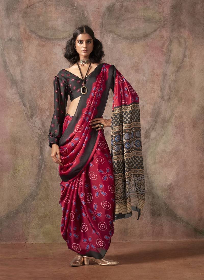 Maroon  ajrakh print satin georgette sarees