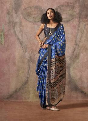 Blue ajrakh print satin georgette sarees 1