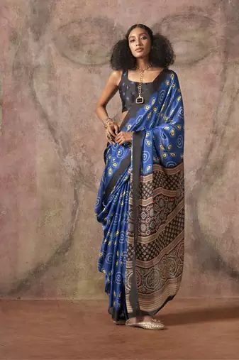 Blue ajrakh print satin georgette sarees