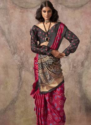 Maroon  ajrakh print satin georgette sarees 2