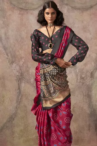 Maroon  ajrakh print satin georgette sarees
