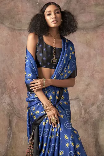 Blue ajrakh print satin georgette sarees