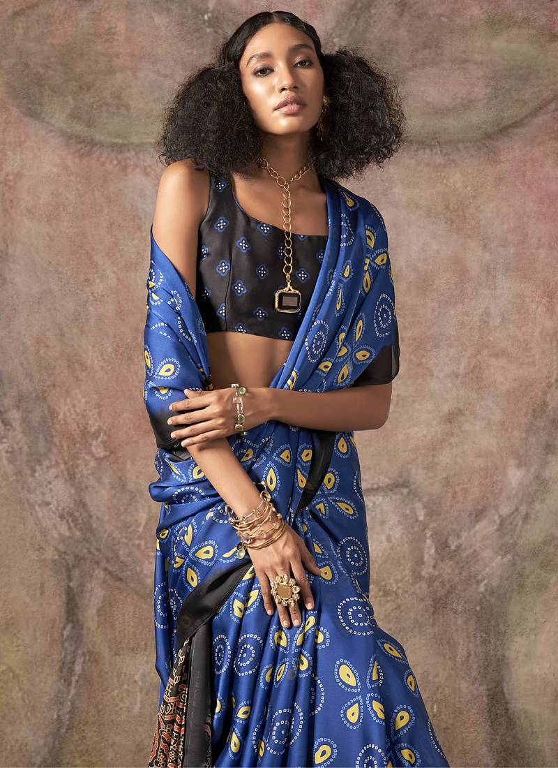 Blue ajrakh print satin georgette sarees
