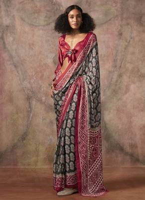 Black ajrakh print satin georgette sarees 1