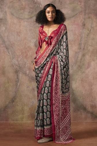 Black ajrakh print satin georgette sarees