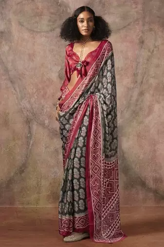 Black ajrakh print satin georgette sarees
