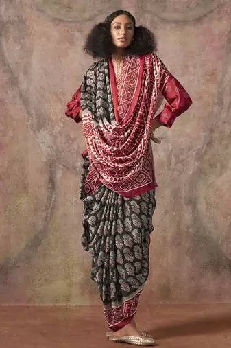 Black ajrakh print satin georgette sarees