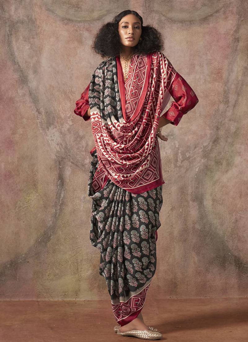 Black ajrakh print satin georgette sarees