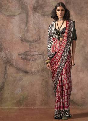 Red ajrakh print satin georgette sarees 1