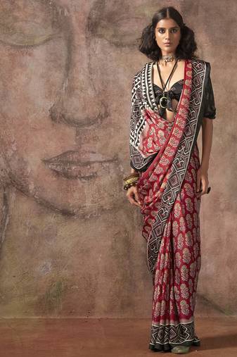 Red ajrakh print satin georgette sarees