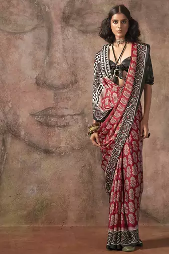 Red ajrakh print satin georgette sarees