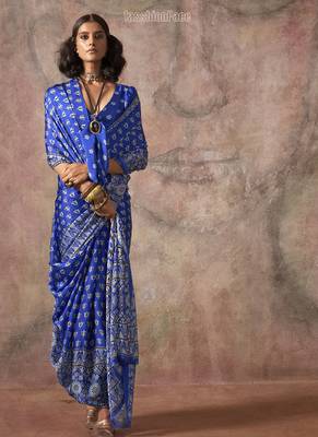 Royal blue ajrakh print satin georgette sarees 1