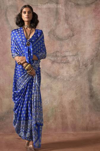 Royal blue ajrakh print satin georgette sarees