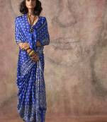 Royal blue ajrakh print satin georgette sarees