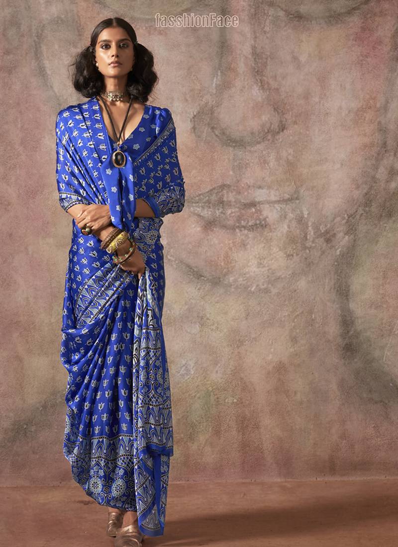 Royal blue ajrakh print satin georgette sarees